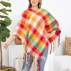 Colorful Plaid Print Oversized Fringe Detailed sweater Poncho